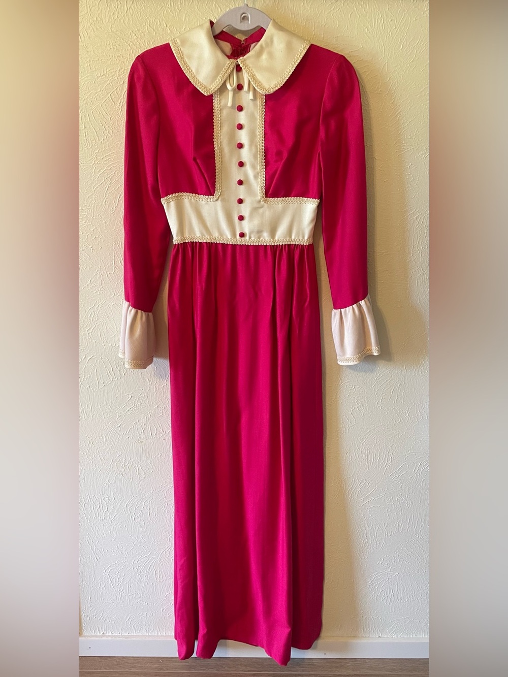 Vintage Lorrie Deb Fuchsia Maxi Dress with Ivory Trim and Bell Sleeves